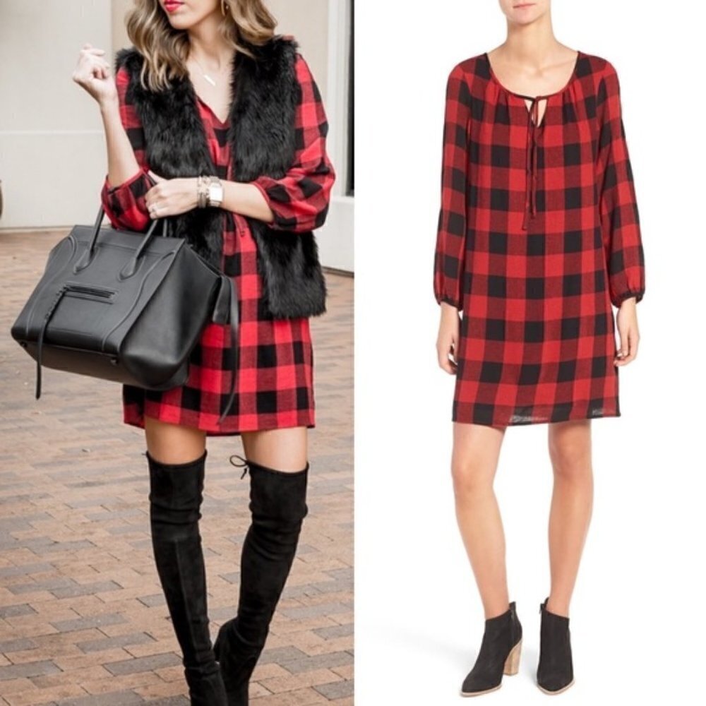 Madewell Red Long Sleeve Signal Tunic Shift Wool Dress Buffalo Check Plaid XXS